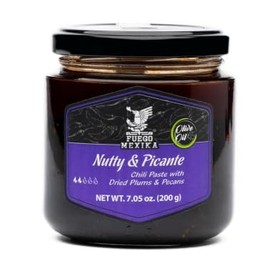 FUEGO MEXIKA® | 2-Pack Nutty & Picante - Gourmet Mexican Chili Paste-Salsa with Dried Plums and Pecans - Blend of Morita & Habanero Chili Peppers, roasted and bathed in virgin Olive Oil - Low-Heat - from Whole Ingredients.