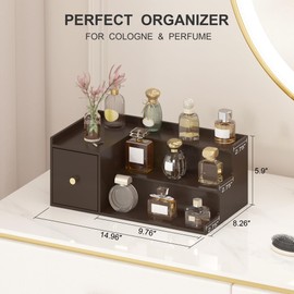 Cologne Organizer for Men, Bamboo 3 Tier Display Riser Stand with Drawer Wood Perfume Organizer Stand Holder Spice Shelf Rack Tabletop Skincare, Great Gift for Man