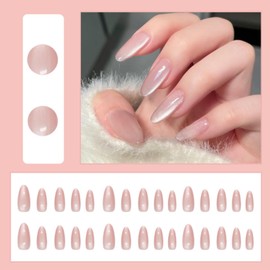 Flash Cat Eye Press-On Nails - 24Pcs Almond Glitter Pink False Nails - Medium Oval Glossy Stick on Nail with Glue - Shiny Acrylic Full Cover Design Fake Nails for Women Manicure Nail Art