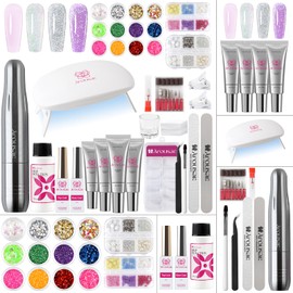Arousar Poly Nail Gel Kit, 15ml*4pcs Nail Extension Gel, Soft Pink Glitter Builder Nail Gel with Top and Base Coat, Slip Solution, Nail Lamp&Drill DIY Salon at Home for Beginner and Professional