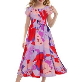 GRACE KARIN Girls Summer Floral Dress 2024 Spring Maxi Boho Hawaiian Dress 7-8 Years,Big Flowers on Purple