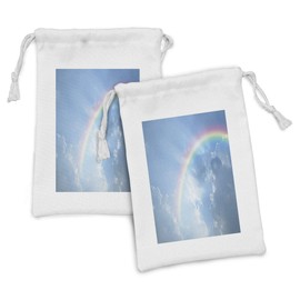 Lunarable Rainbow Fabric Pouch Set of 2, Realistic Image of Clear Sky Clouds and Rainbow Daytime Heavenly Calming Tranquility, Small Drawstring Bag for Toiletries Masks and Favors, 9" x 6", Sky Blue