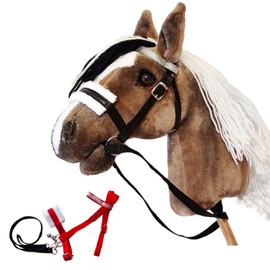 Set Hobby Horse A3 with Black and Red Bridles - Brown Hobbyhorse on Stick with Tacks