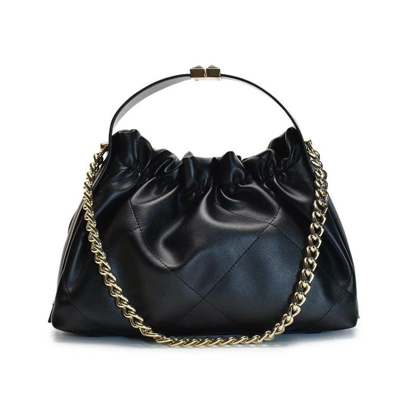 [バルコス] 牛革 ギャザーデザイン ハンドバッグ トートバッグ ショルダーバッグ ゴールドチェーン アイボリー