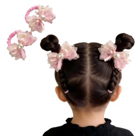 Lolita Ribbon, Pearl, Scrunchy, Kids, Organza, Hair Tie, Girls, Hair Accessories, Baby, Princess Style, Pack of 2 (Pink)