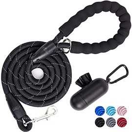Gorilla Grip Rope Dog Leash, Comfortable Handle, 4 Feet, 1/2 Inch, Up to 105 lbs Pets, Durable Reflective Leashes for Puppy, Large Dogs, Rotating Metal Clip, Waste Bag Dispenser, 15 Poop Bags, Black