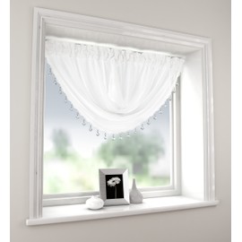 Plain White Swag Millie Pelmet Swag Beaded Heart Bead Valance Drapes Voile Net Window Decor