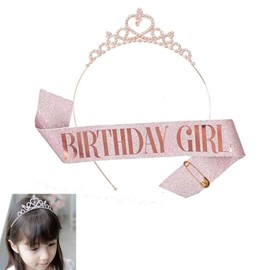 Rose Red "Birthday Girl" Sash & Rhinestone Tiara Set, Great Birthday Gifts,Rose Gold Birthday Sash Tiara for Women's Birthday Party Decoration