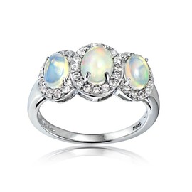 Sterling Silver Ethiopian Opal & White Topaz 3-Stone Ring