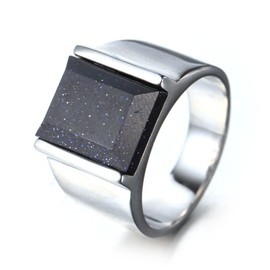 PMTIER Mens Stainless Steel Simple Style Square Agate Gemstone Ring Silver, Blue Sandstone Size U