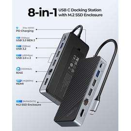 ORICO USB-C Hub with M.2 SSD Enclosure, 8-in-1 USB C Docking Station Fits M.2 NVMe/SATA SSD, 10Gbps, 4K@60Hz HDMI, 100W PD, Ethernet - OM28PR