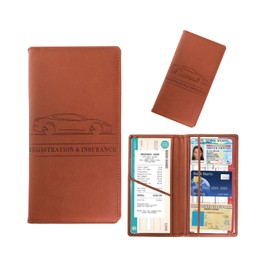 Kewucn Car Registration and Insurance Card Holder, Leather Auto License Document Glove Box Compartment Organizer, Essentials Vehicle Wallet Case for Driver License, ID Card (Brown)