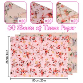 60 Sheets Flower Tissue Paper, 19.68x13.78in Wrapping Tissue Paper 3 Styles Decorative Gift Wrapping Paper Sheets for Christmas Wedding Birthday Party Crafts Packing (Pink)