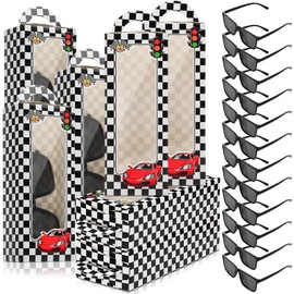 Fuyoooo 24 Pieces Racecar Checkered Party Favors 12 Pack Black Sunglasses with 12 Pcs Checkered Racing Party Favor Bags Let's Go Racing Party Supplies Retro Racing Theme Birthday Gifts
