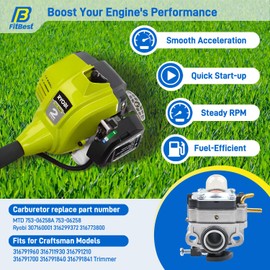 FitBest 753-06258A Carburetor for Ryobi RY251PH RY252CS RY253SS RY254BC MTD 753-06258 2 Cycle 25cc Gas Craftsman Cultivator String Trimmer Brush Cutter 307160001 316299372 316773800