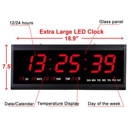 18.9 Inch Oversized LED Digital Wall Clock Large Display with Indoor Temperature Date and Day of Week,Electric Wall Clock/Calendar Timer Home Decor -Red
