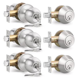 Brotima 3 Pack Keyed Entry Door Knob and Single Cylinder Deadbolt Combination Set in Satin Nickel, Exterior Door Knob with Deadbolt, Keyed Alike Door Lock Sets Deadbolt Combo