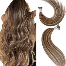 Eliysako Itip hair extensions human hair I tip #P4/16 Light Blonde Mix Dark Brown 16inch 40G Ombre with Highlights Seamless Itips hair extensions real human hair Bonds Natural Look & Quality