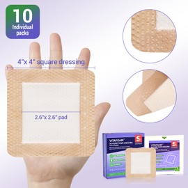 VitaFoam Silicone Foam Dressing 4" x 4" with Border, High Absorbency Wound Bandage, Gentle Adhesion, Soft Breathable Silicone Bandages for Wound Care, Pack of 10