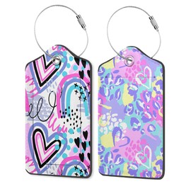 Set of 2 Luggage Tags for Suitcases, Leather Abstract Leopard Print with Hearts Baggage Tags and Stainless Steel Loop, Privacy Name ID Card Cover Travel Labels for Women Men Kids Girls