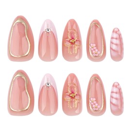 3D Flower Medium Almond Press on Nails Fake French Tip with Golden Stripes and Rhinestones Charms Nail Design Full Cover Glossy Glue Acrylic False for Women Girls 24 Pcs (Pink-3, M-3)