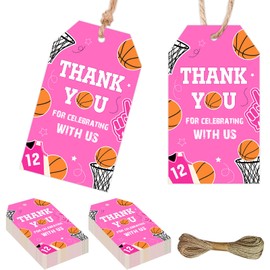 50Pcs Basketball Thank You Tags Pink Basketball Party Favor Tag Sports Theme Gift Tags with String for Girls Women Birthday Party Baby Shower Supplies