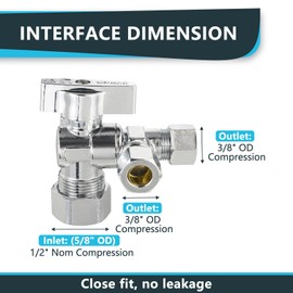 (Pack of 2) Seelink 1/4-Turn Dual Compression Outlet Split Angle Stop Valve, 1/2" NOM (5/8" OD) x (3/8 inch x 3/8 inch) OD, Chrome Plated Brass