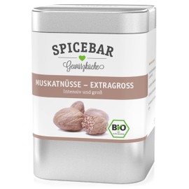 Spicebar Organic Nutmeg Whole (60 g) - 9-12 Extra Large Organic Nutmegs from India - Hand-Picked Nutmeg in Protective Aroma Tin