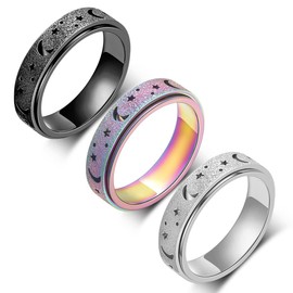 AmorArtSky Anxiety Ring for Women Men, Titanium Stainless Steel Spinner Ring, 5 Colors, 6MM, Size 6-10, 3 Styles Fidget Ring-Moon Star, Sandblasted Finished, Hollow Outer