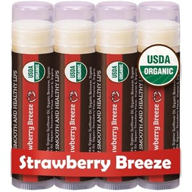 Bálsamo labial orgánico USDA de Earth's Daughter, paquete de 4 – sabor a fresa, cera de abejas, aceite de coco, vitamina E – mejor barra de reparación
