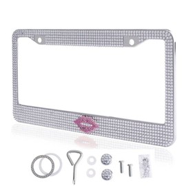 Fashion Sexy Clear Frame with Pink Lips Design Crystal License Plate Frames,Exclusive Bling License Plate Holder,Waterproof Rhinestone License Plate Cover(1 Frame)
