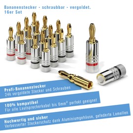 sonero Bananenstecker 16er-Set, für alle Lautsprecherkabel mit einem Durchmesser bis max. 6mm², 16 Stück mit Farbcodierung (8x rot, 8x schwarz), 24k vergoldet