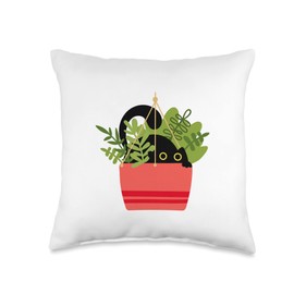 Hiding Black Cat & House Plant in Hanging Garden Planter Pot Throw Pillow