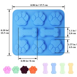 2 in 1 Silicone Molds，2 Pack Silicone Puppy Paw Print & Dog Bone Shaped Molds ，with 3 Packs Stainless Steel Bone Cookie Cutter-Blue&Pink-Set of 5