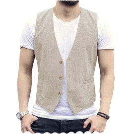 Tuikayoo Men's Summer Linen Vest Suit Waistcoat Casual Vest Regular Fit(Beige,M)