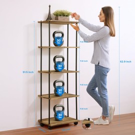 GETALL 5 Tier Bookshelf, Movable Home Office Bookcase Storage Organizer with Lockable Wheels, Free Standing Industrial Corner Book Shelves, Display Book Shelf for Bedroom, Living Room, Vintage Brown
