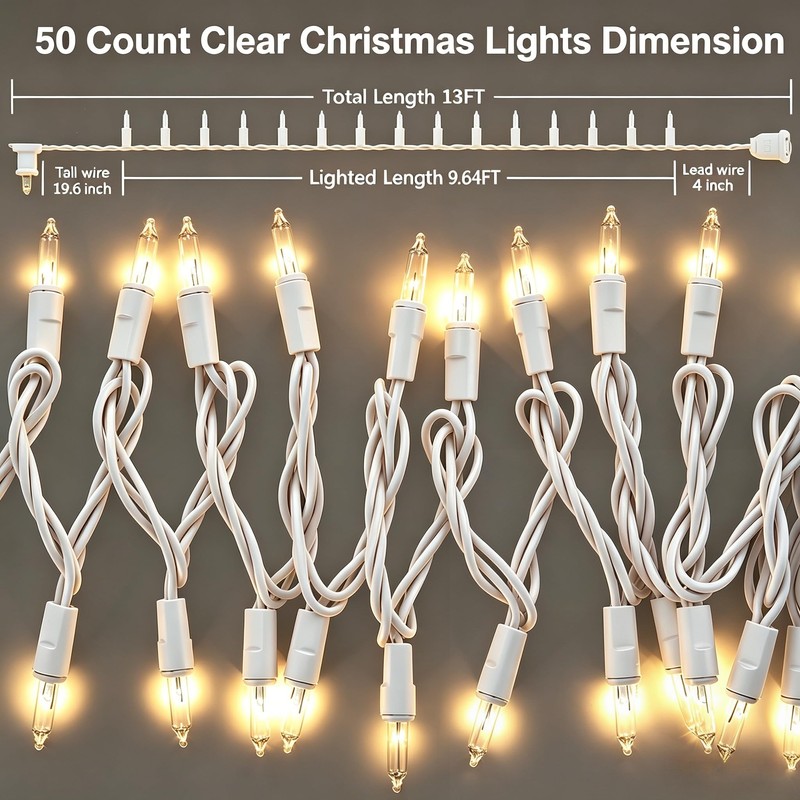 TIGOMOOV 50 Count Mini Clear White Christmas Lights-120V Plug-in End