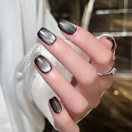 RUNRAYAY Black Milky Way Press on Nails, Cat's Eye Short Fake Nails French Acrylic Full Cover False Nails for Women and Girls 24Pcs