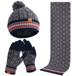 FVXYnnv Winter Beanie Hat Scarf Gloves Combination Set - Fleece Lining Knitted Hat, Warm Touchscreen Gloves, Soft Long Scarf for Men and Women, navy