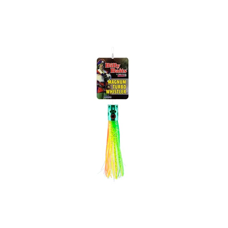 Billy Baits, Magnum Turbo Whistler Lure, Green/Chartreuse/Orange/Pearl Skirt, 2 oz