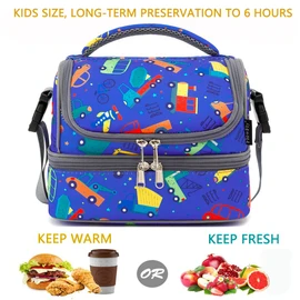 FlowFly Double Decker Cooler Insulated Lunch Bag Large Tote for Boys, Girls, Men, Women, with Adjustable Strap,Car