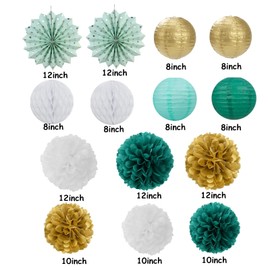Sage-Green Teal-Gold Baby-Shower Party Decorations - 14pcs Rustic Wedding Paper Lanterns Fan,Tissue Pom Poms Streamers,Honeycomb Balls,Birthday Bachelorette Engagement Bridal Decor Lasting Surprise