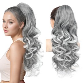 REECHO Ponytail Extension, 26 Inch Drawstring Ponytail Extension Long Curly Wavy Pony Tails Hair Extensions Natural Fake Synthetic Clip in Ponytail Hairpiece for Women Daily, Grey with White Ends