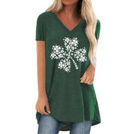 KKG Womens St Patricks Day Shirt Shamrock Long Tunics or Tops to Wear with Leggings Plus Size, Loose Fit V Neck Short Sleeves