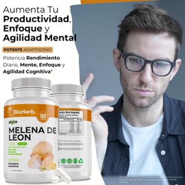 BioHerb Melena de Leon (180 Capsulas Para 90 Dias) - [Extremadamente Eficaz] -|Potente Nootropico | Mente y Enfoque | Potencia Funciones Cognitivas | 100% Pura | Caps 500mg CU | - Lions Mane Extract - BioHerb.