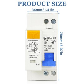 Fi Circuit Breaker, AC 230 V 30 mA Circuit Breaker, C16 1P+N DIN Rail Mounting, Overload Protection, Residual Current Device with Overcurrent Protection, FI/LS Switch, Circuit Breaker (16 A) Pack of 2