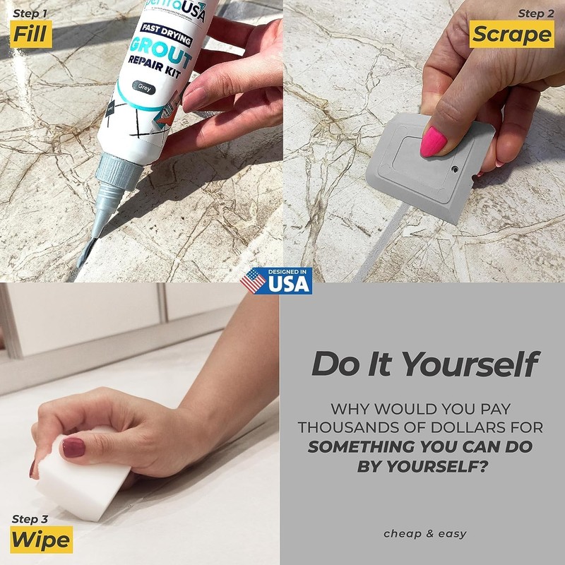 PentaUSA Tile Grout Repair Kit - Grey Grout Filler, Triple