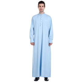 Men's Muslim Clothes Button Closure Durable Kaftan Robe Dubai Long Gown Ethnic Clothes,1pc Soft Robe - StlyeB Blue