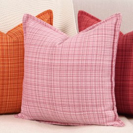 MADIZZ Woven Flange Outdoor Throw Pillow Covers Polyester Linen Decorative Pillow Covers for Patio Sofa Bedroom Modern Pillow Shell 16x16 Inch Pink