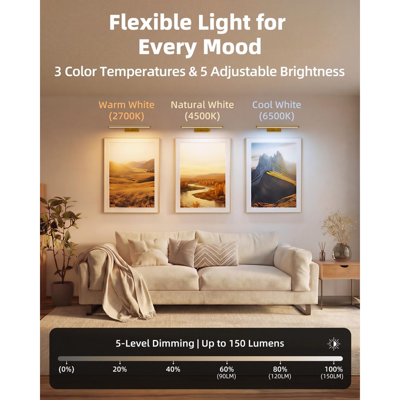 EZVALO Picture Light for Wall, 4800mAh Rechargeable Wireless Remote, 16in